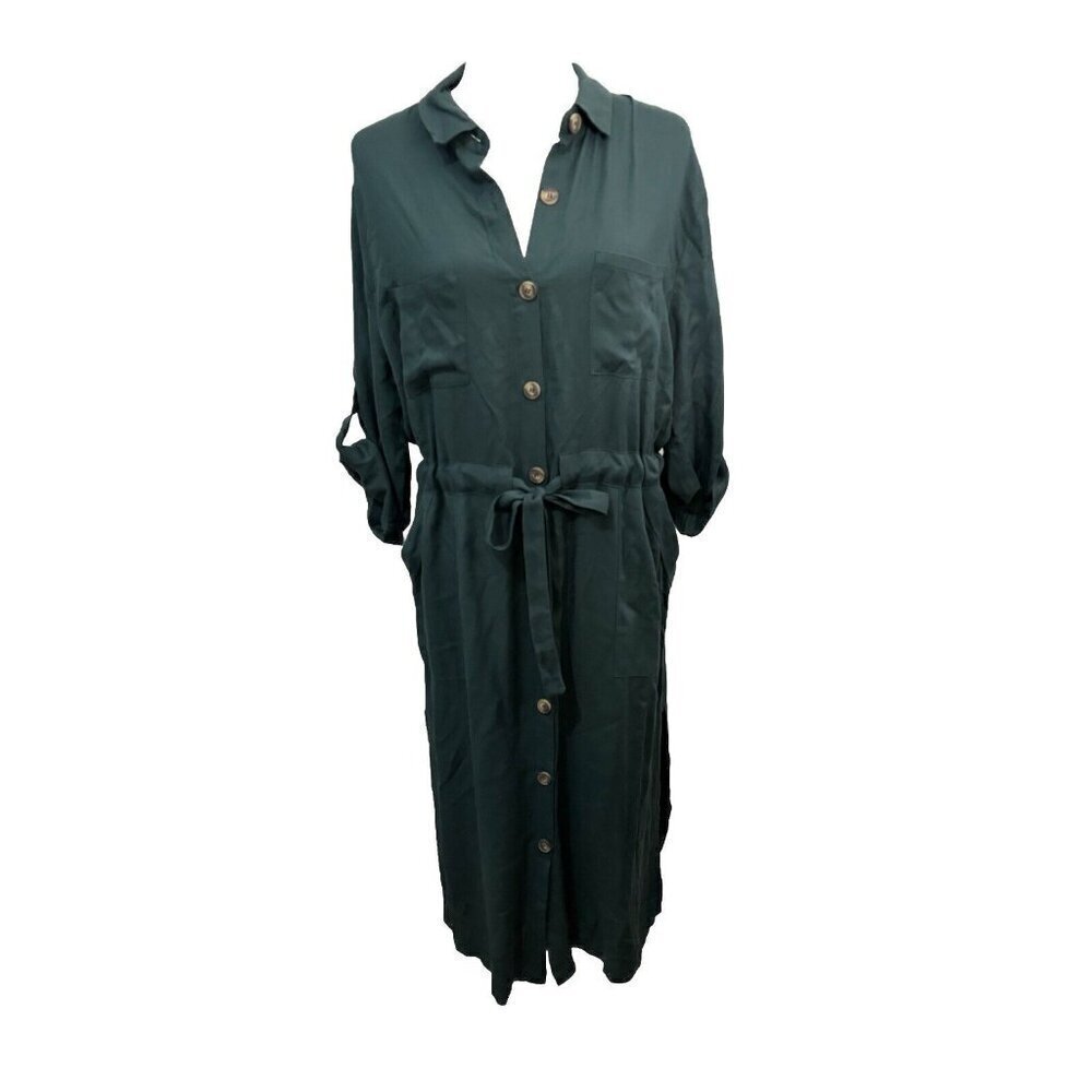 Lush Midi Shirt Dress Rolled Sleeve Hunter Green Women XL